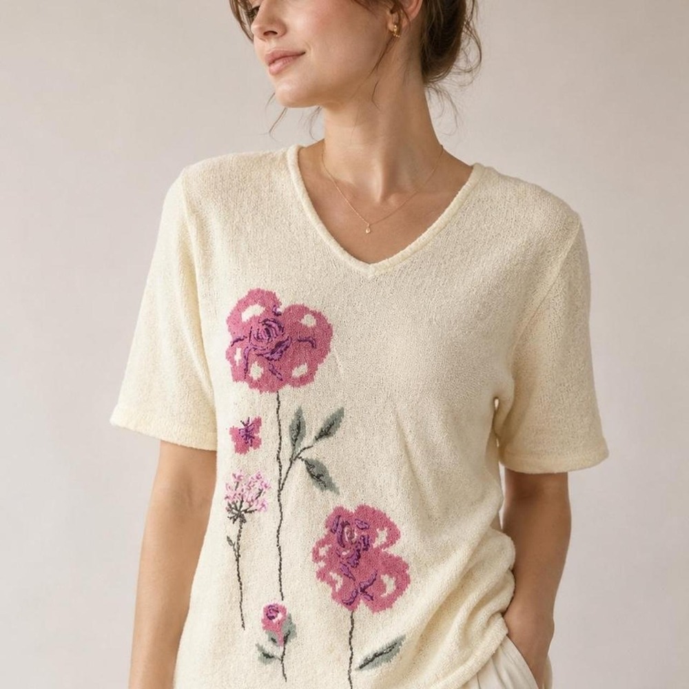Sweater Blouse Buttercream Floral Cottagecore Grandma Boucle Soft Knit Top Small